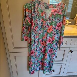 New Womens Large Caribbean Joe Floral Midi Dress in Pink and Seafoam